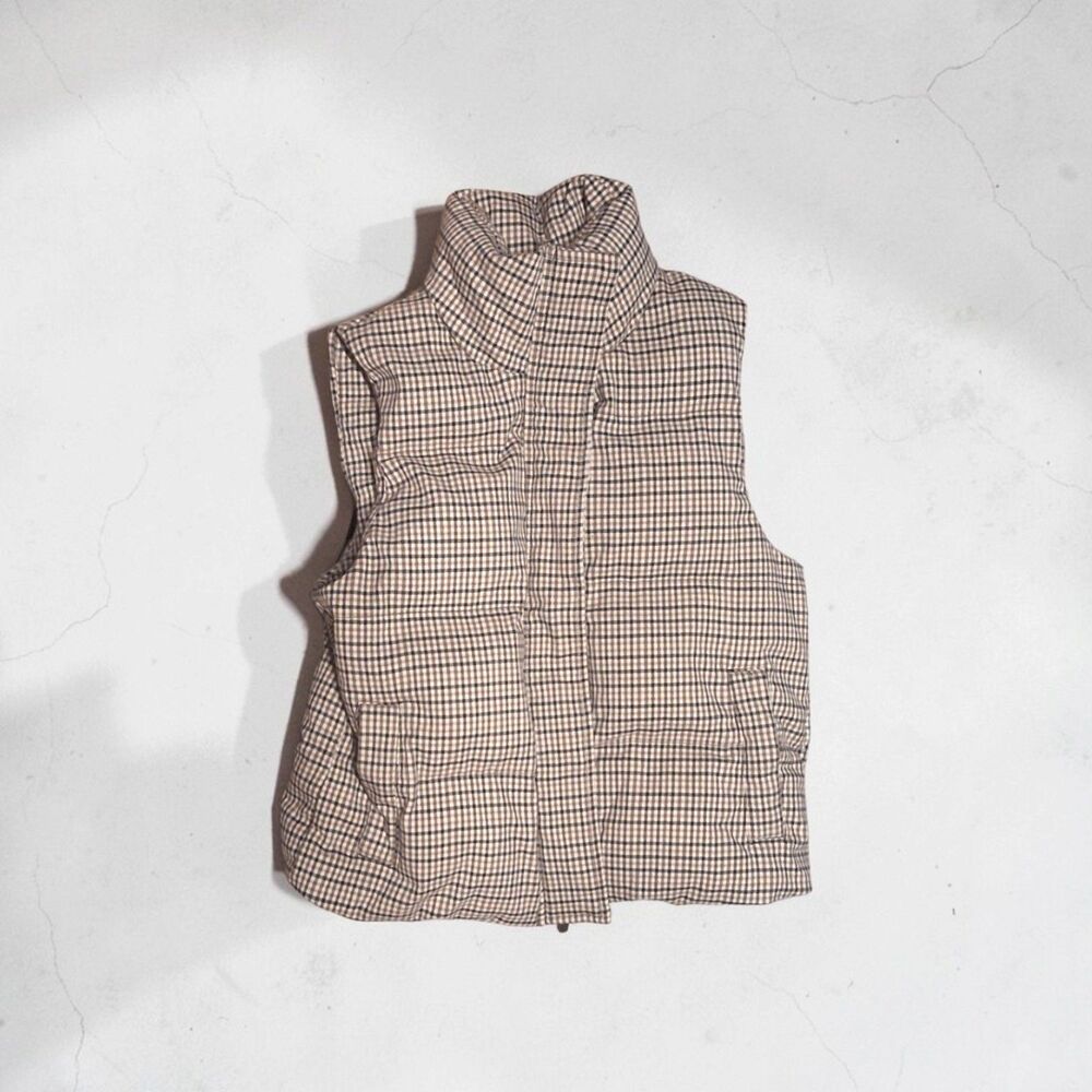A New Day Plaid Puffer Vest High Collar Tan Brown Houndstooth - Size XS